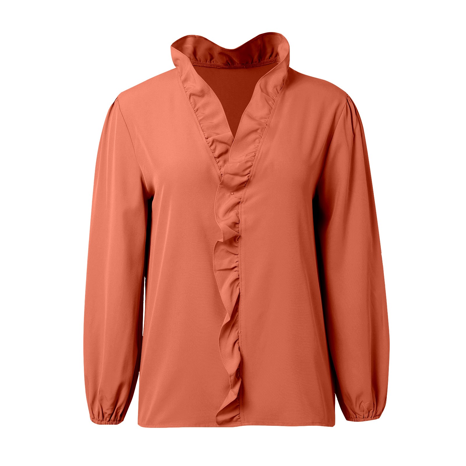 thumbnail image 4 of Blusa de mujer con botones y manga larga - Detalles de volantes, color liso, camisa de talla grande para el trabajo/informal - Tallas M-XXXL, 4 of 4